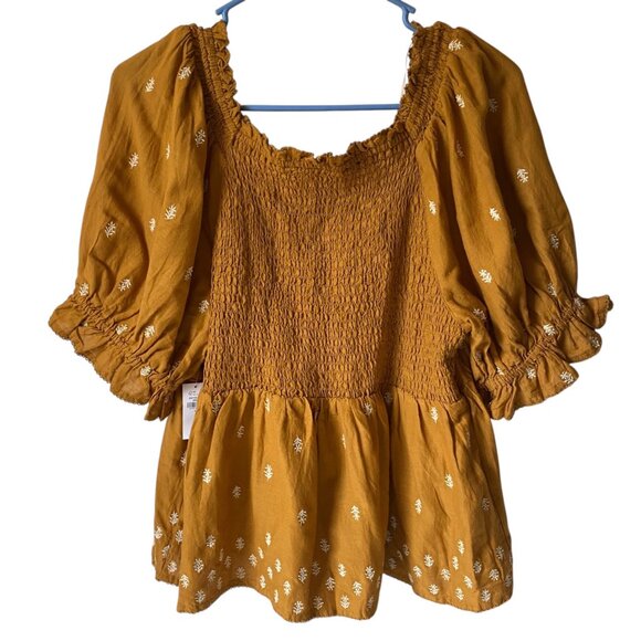 Old Navy Women Mustard Short Sleeve Smocked Peasant Blouse Embroidery  L - Picture 2 of 7